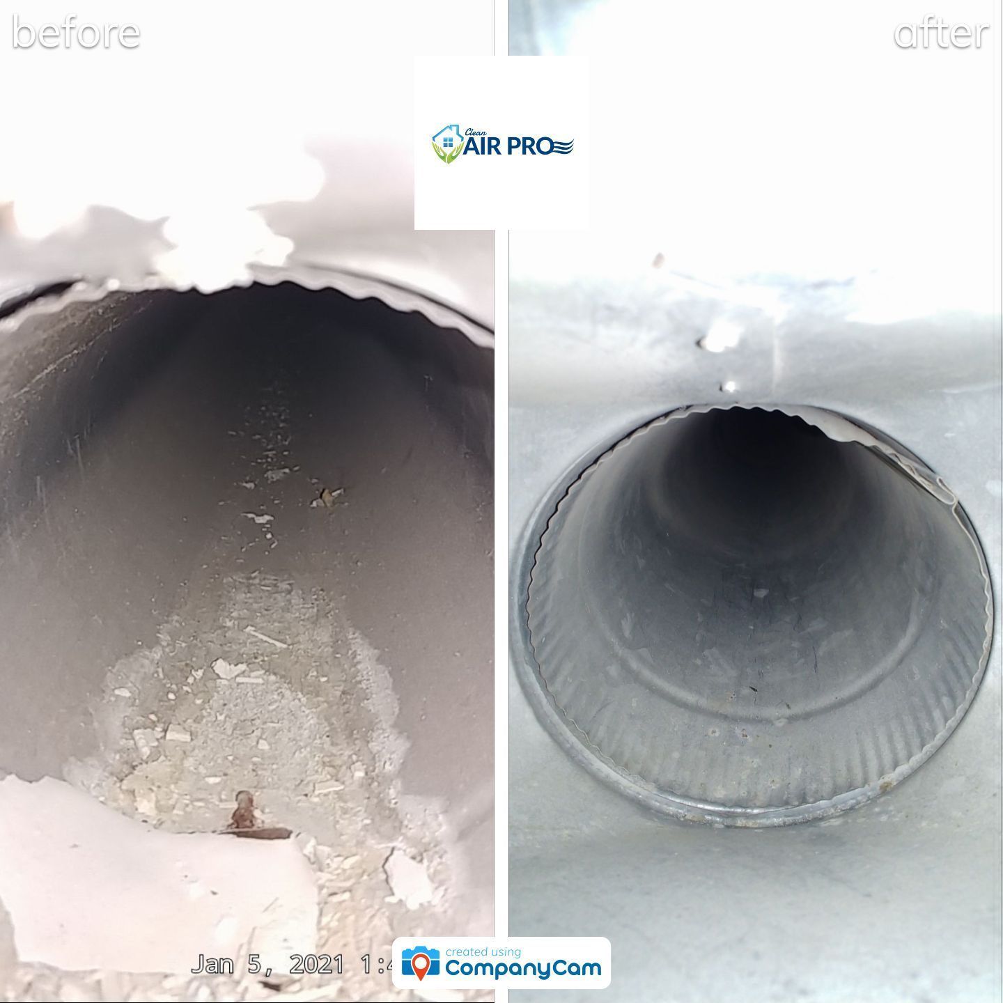 A picture of a pipe before and after being cleaned by air pro