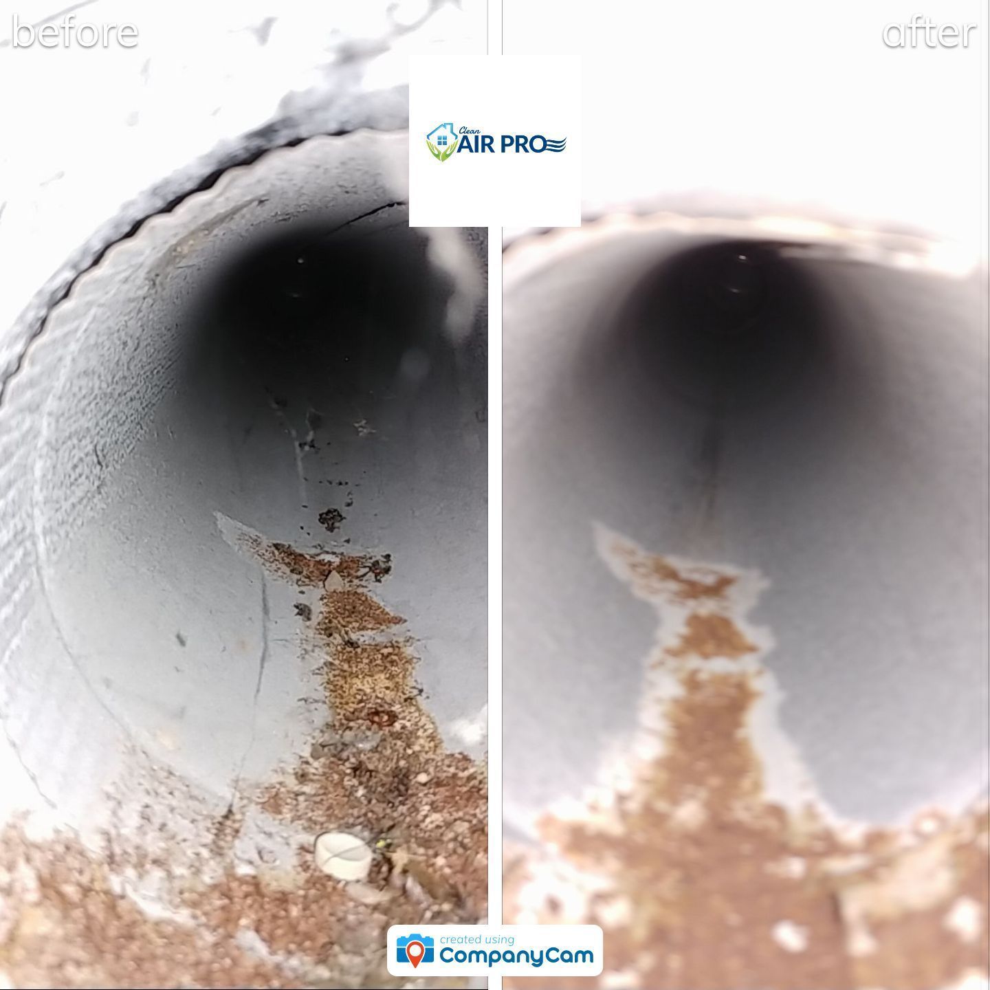 A before and after picture of a drain pipe being cleaned.