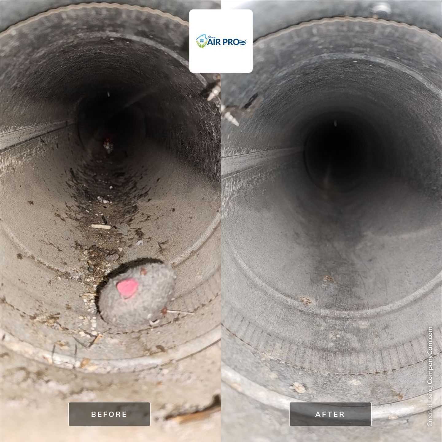 A before and after picture of a duct that has been cleaned