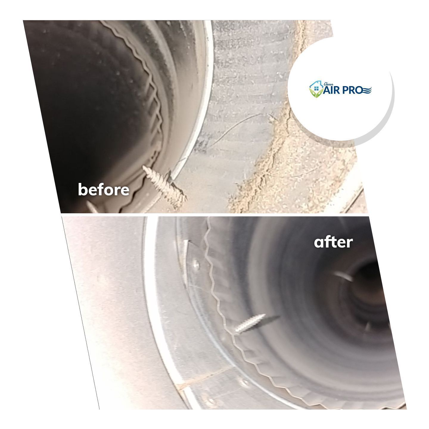 A before and after picture of a duct with a logo for air pro