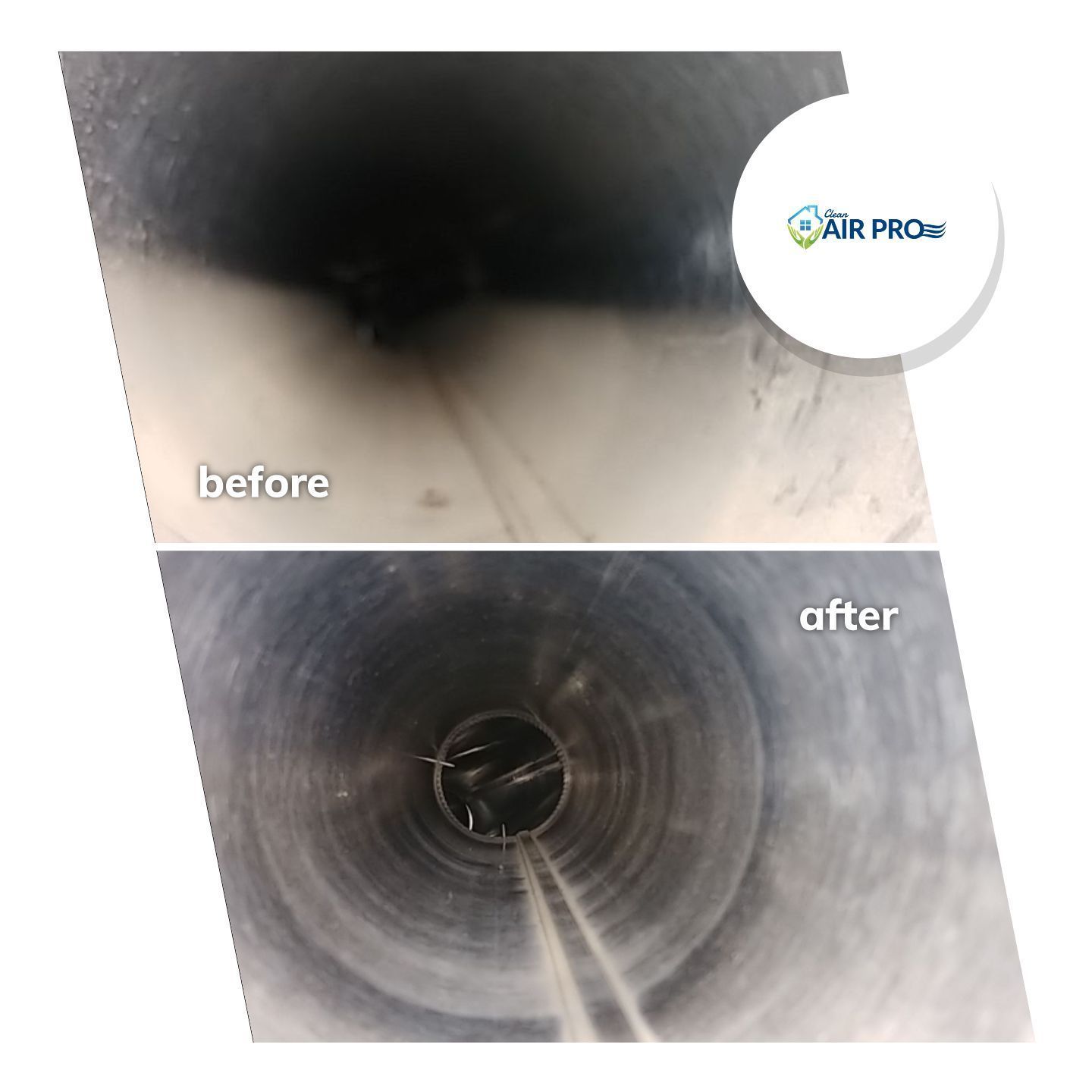A picture of a pipe before and after cleaning by air pro