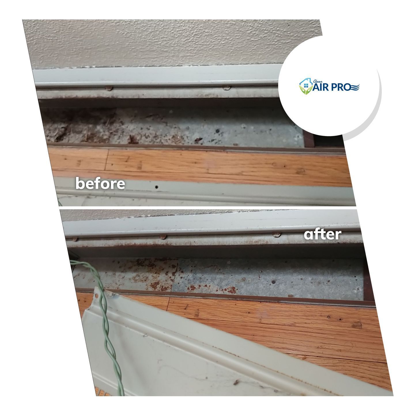 A before and after picture of a wooden floor