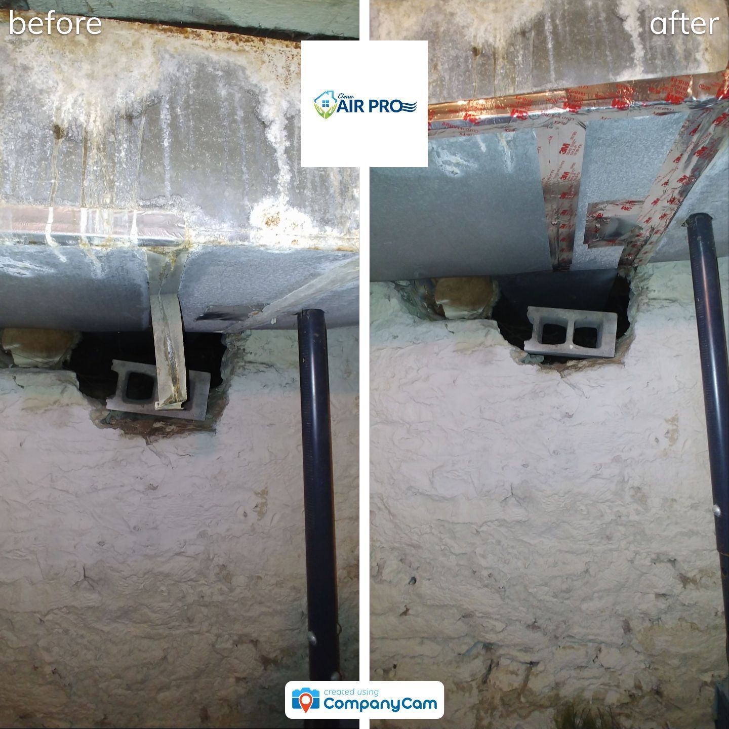 A before and after picture of a pipe being cleaned by air pro