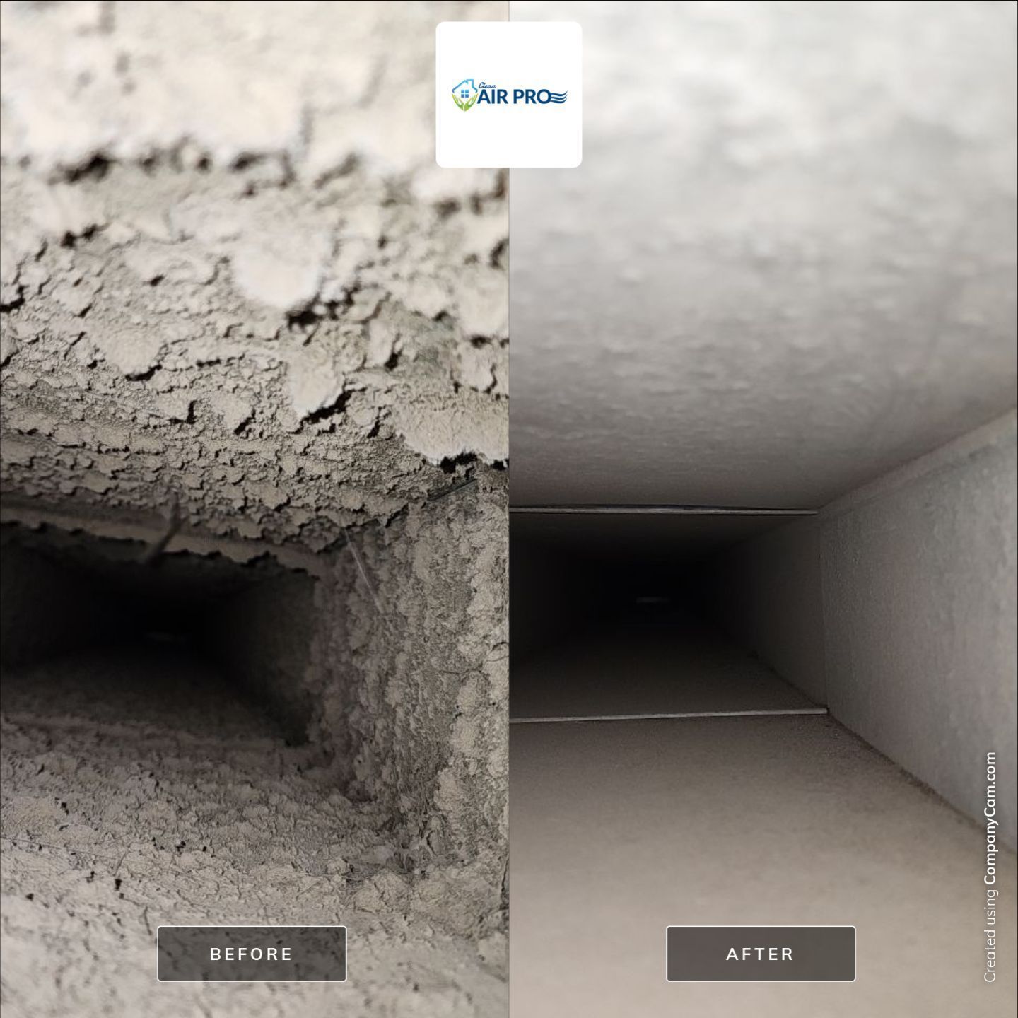 A before and after picture of a duct that has been cleaned