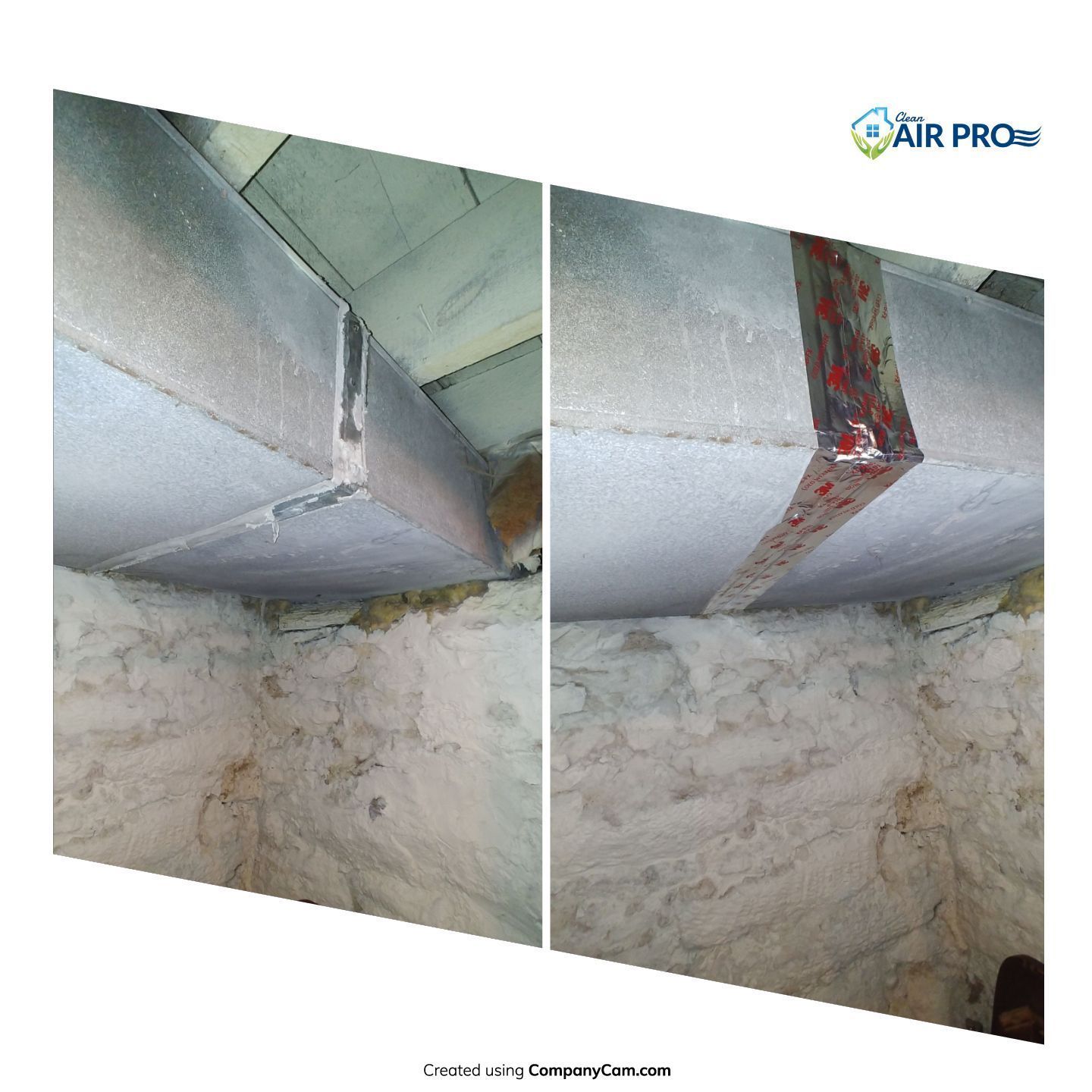 A before and after picture of a duct in a room.