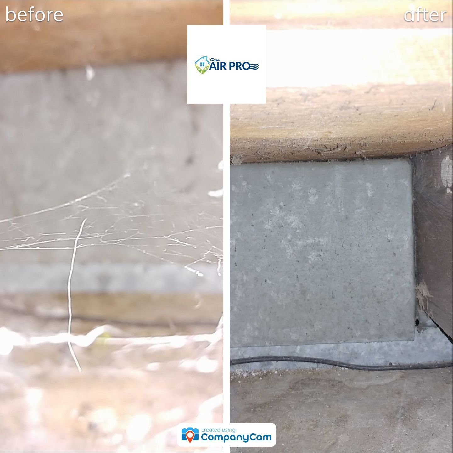 A before and after picture of a spider web on a concrete surface.