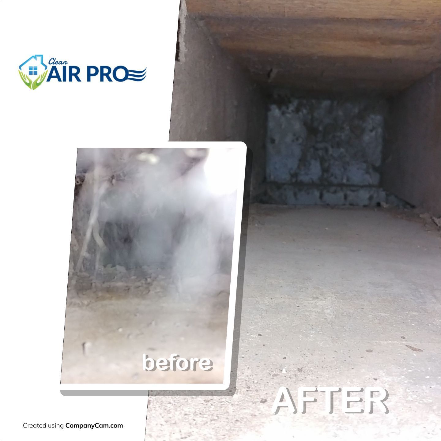 A before and after photo of a duct with smoke coming out of it