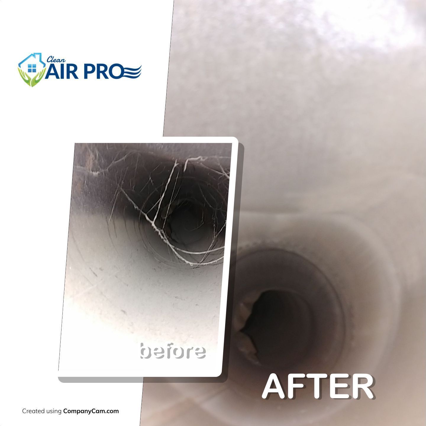 A picture of a pipe before and after being cleaned by air pro