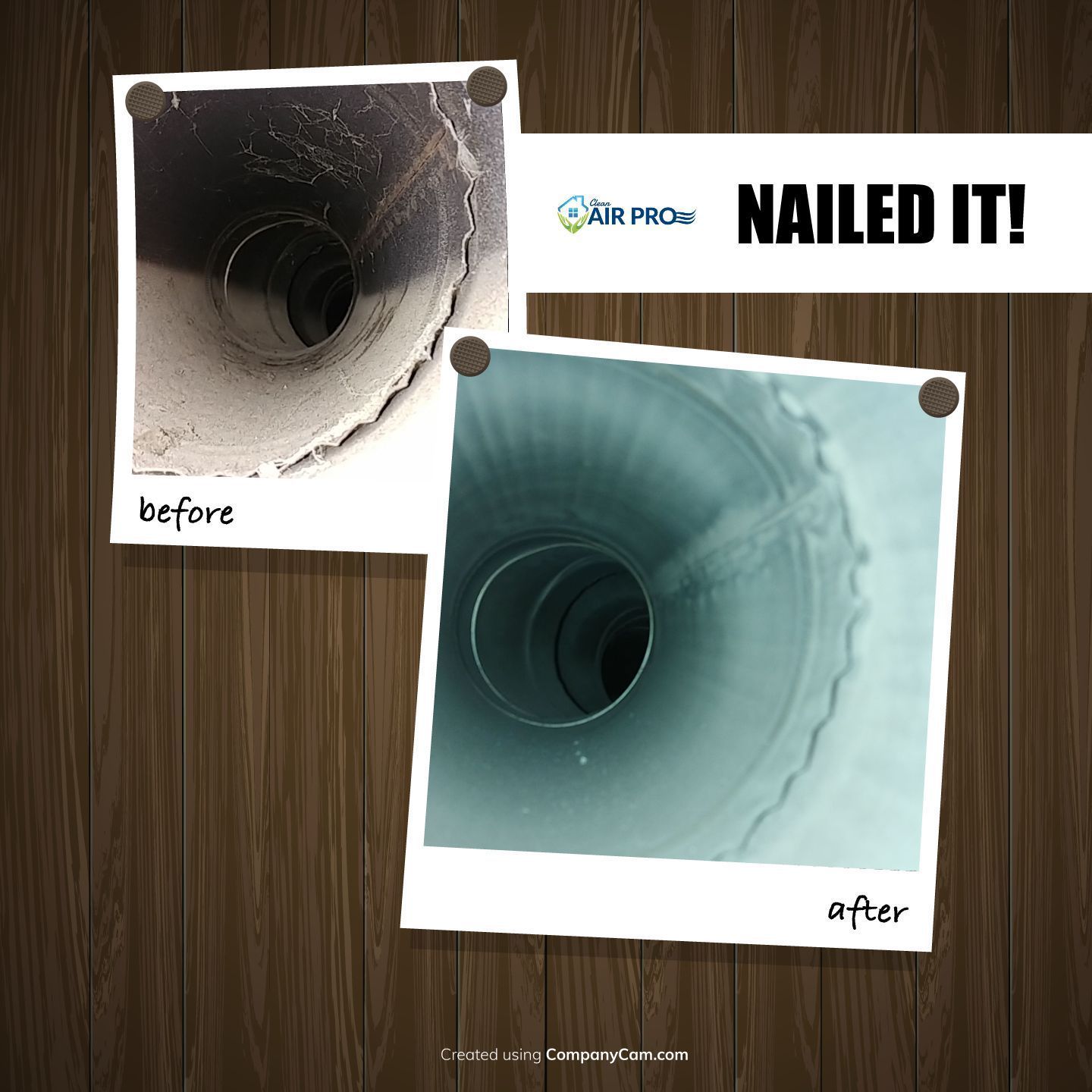 A before and after picture of a pipe with the words nailed it