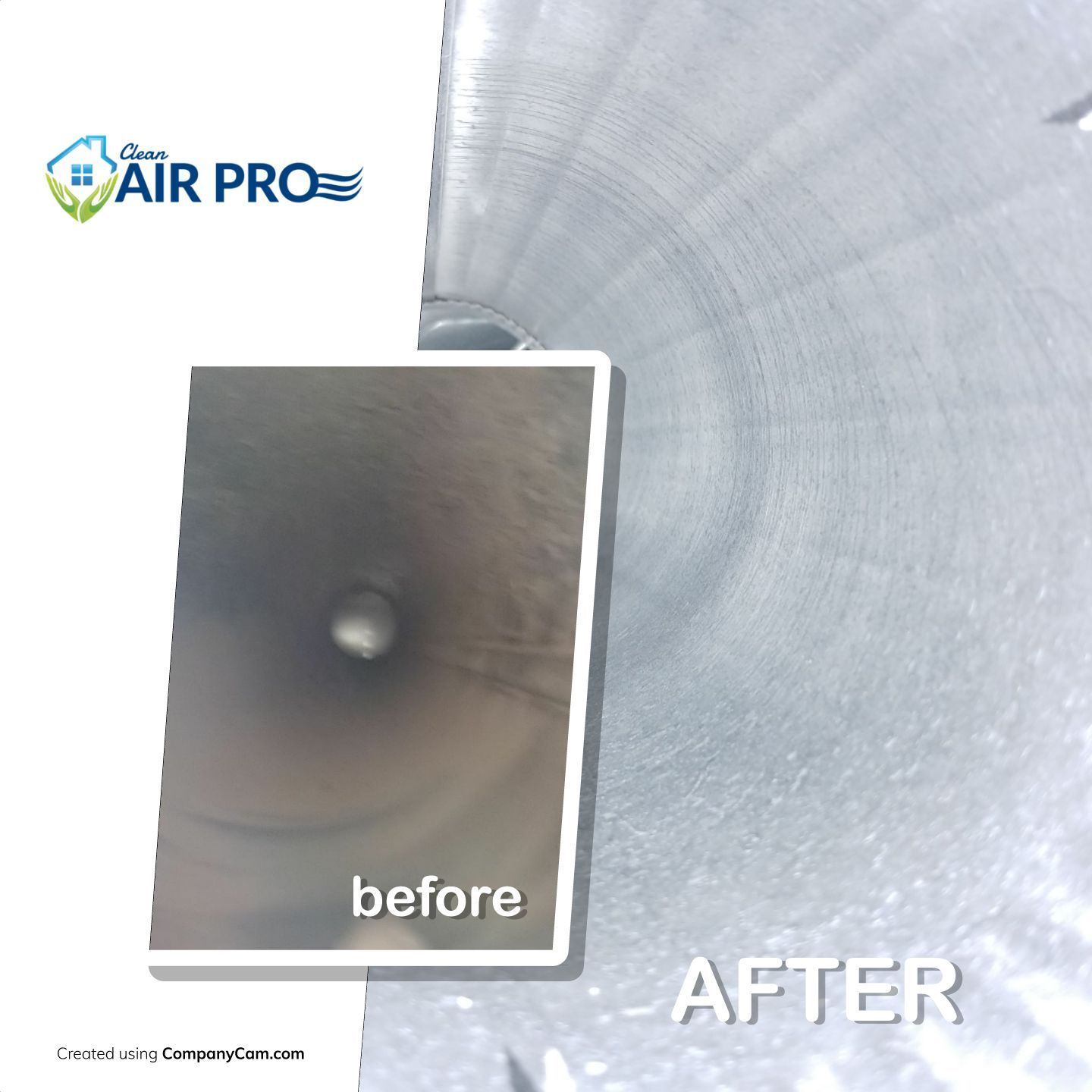 A picture of a pipe before and after cleaning by air pro