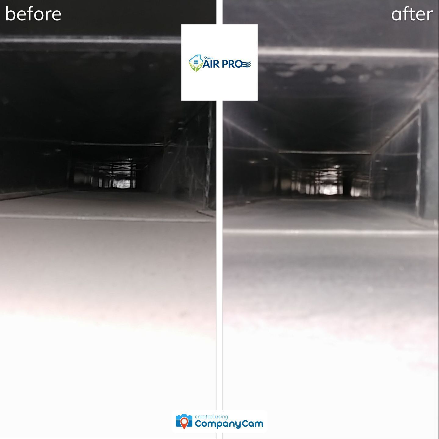 A before and after picture of a duct that has been cleaned.