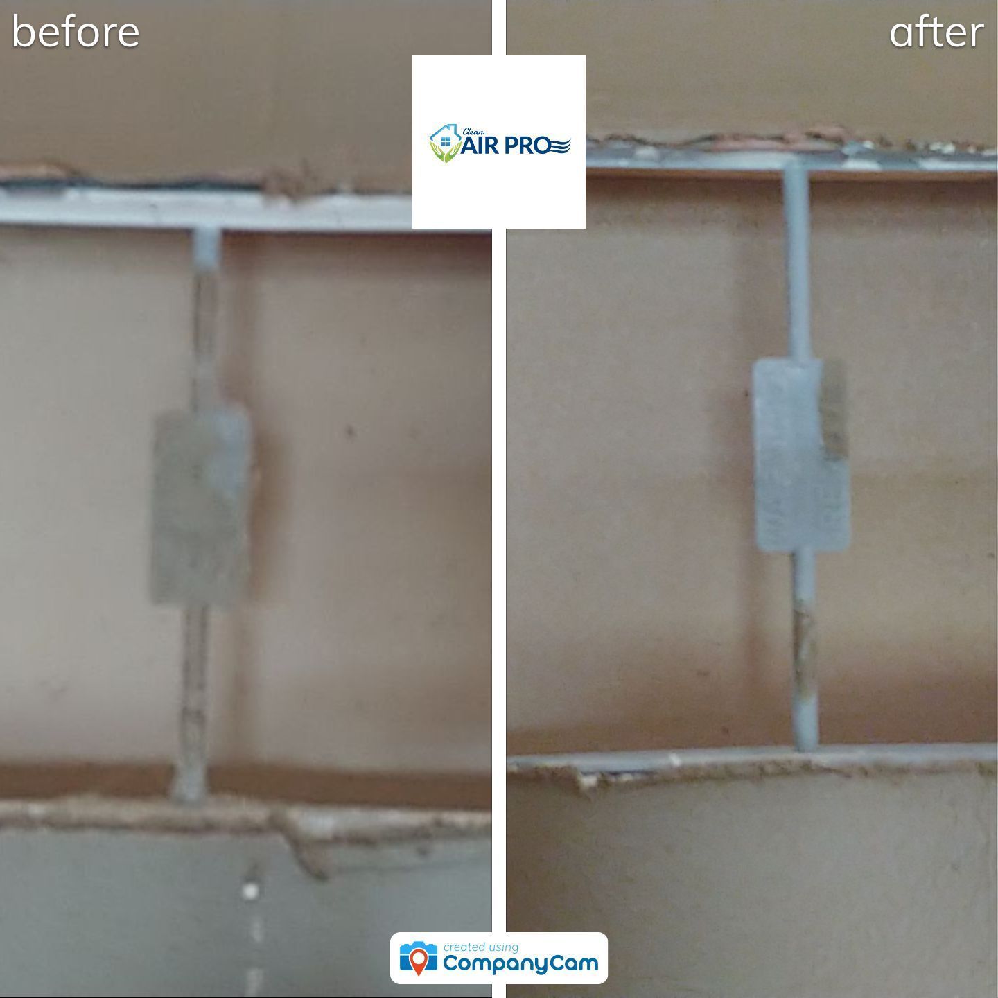 A before and after picture of a wall with a logo for air pro