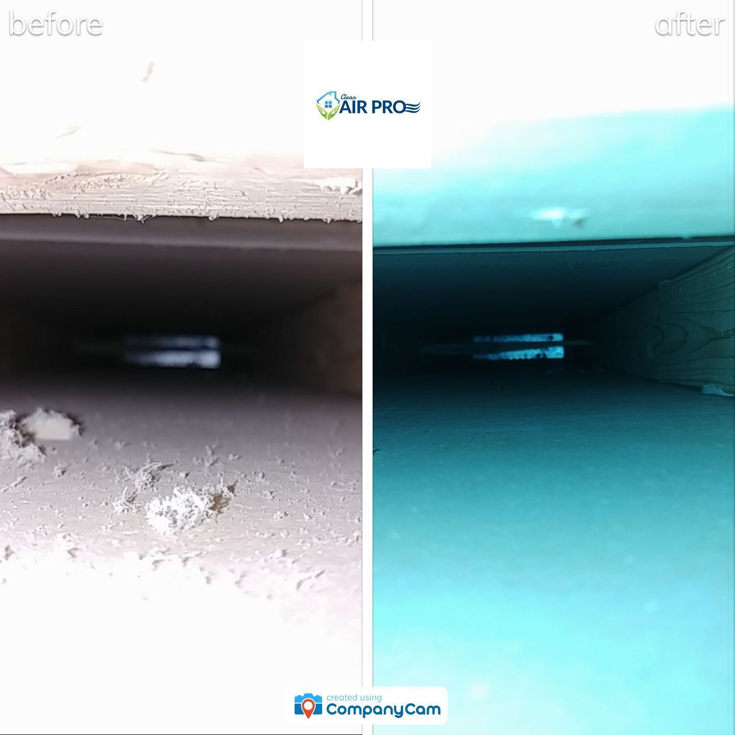 A before and after picture of a duct that has been cleaned.