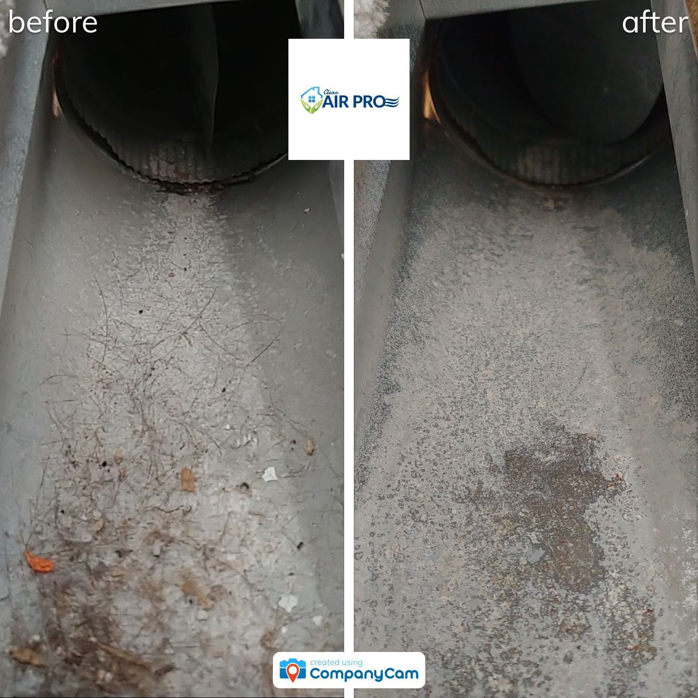 A before and after picture of a dirty pipe with a logo for air pro.