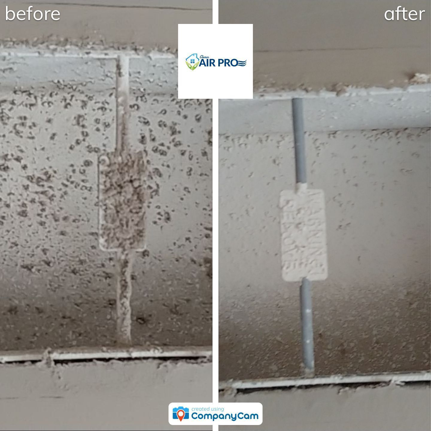 A before and after picture of a ceiling with a lot of dust on it.