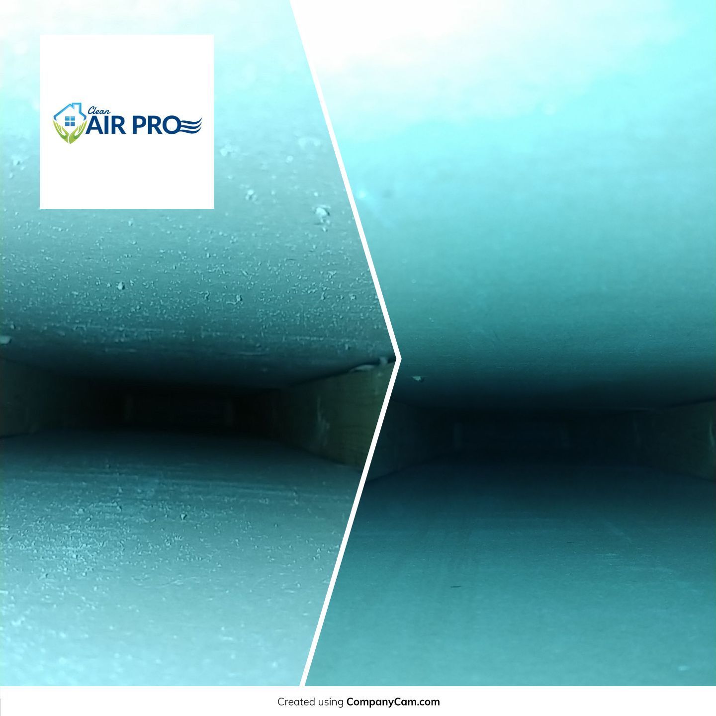 A before and after picture of a ceiling with a logo for air pro.