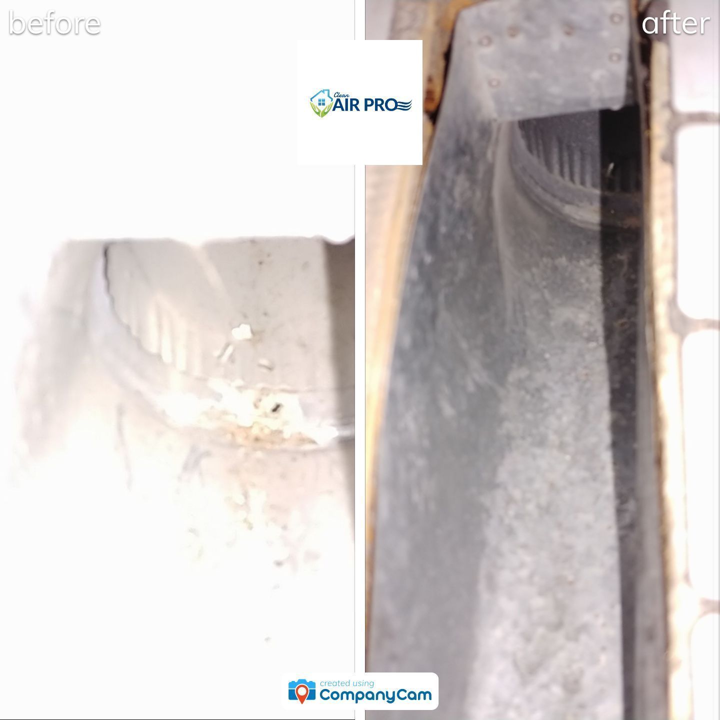 A before and after picture of a drain with a logo for air pro