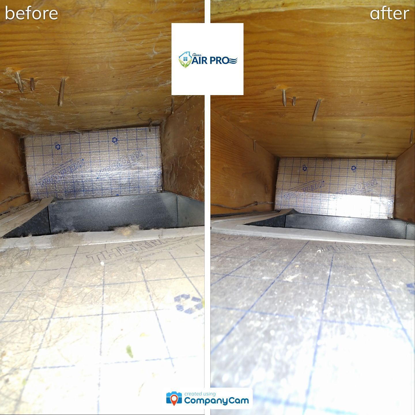 A before and after picture of a duct with a logo for air pro.