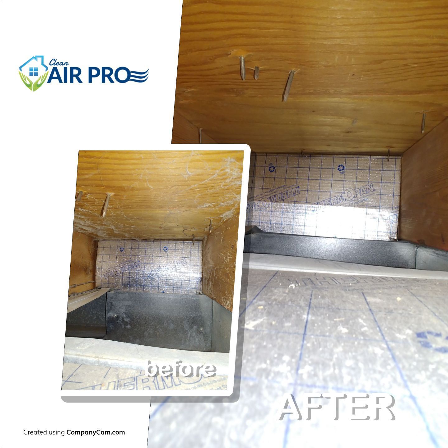 A before and after photo of an air pro duct