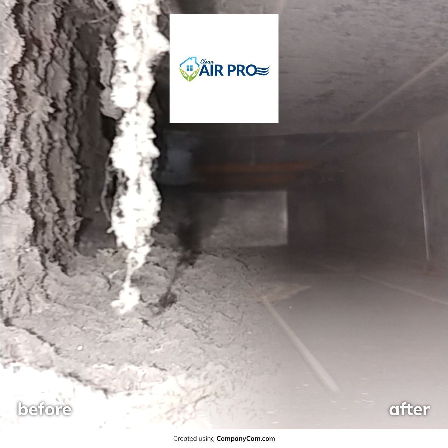 A before and after photo of a dirty air duct.