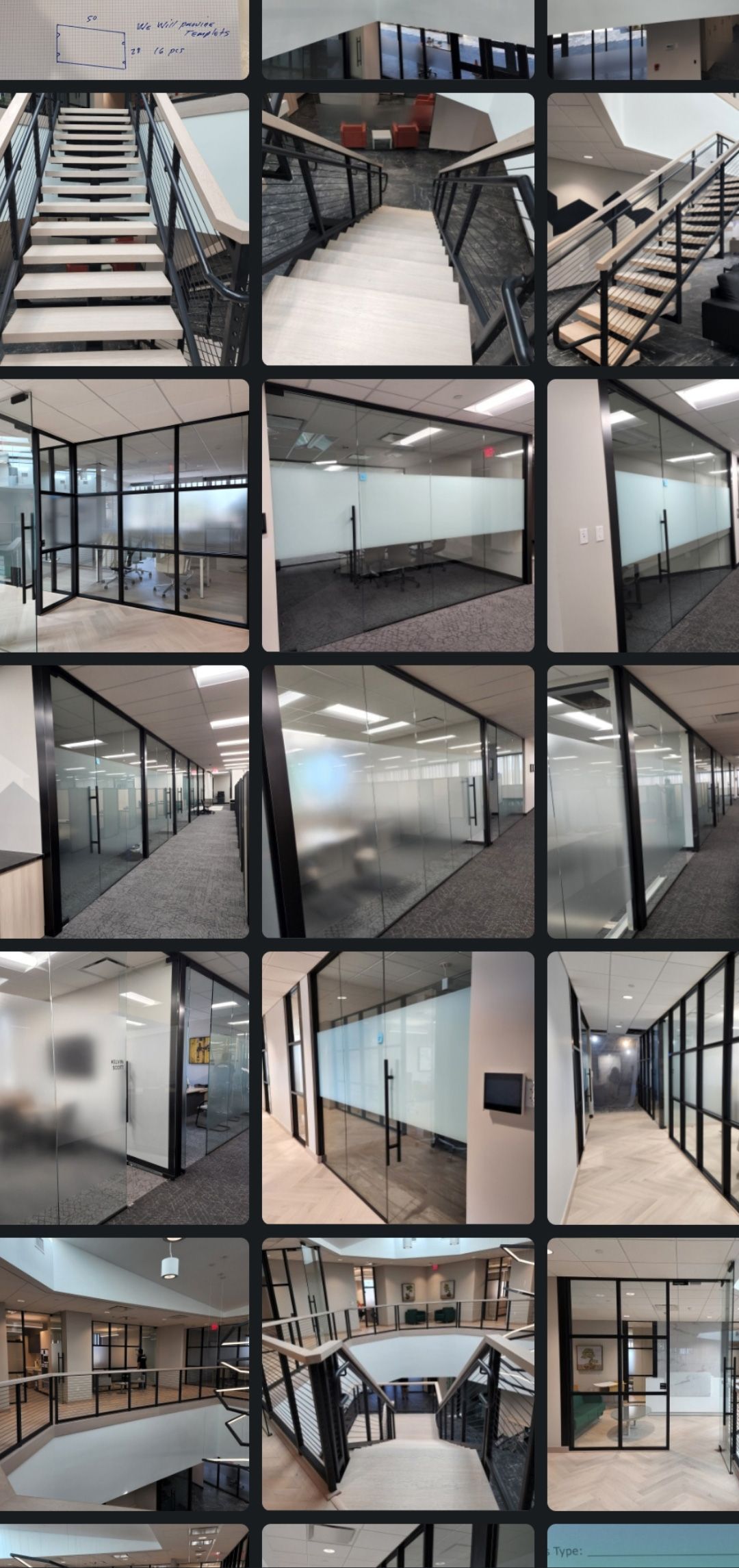 A grid of photos showing the interior of a modern office with glass-walled conference rooms, hallways, and a staircase.