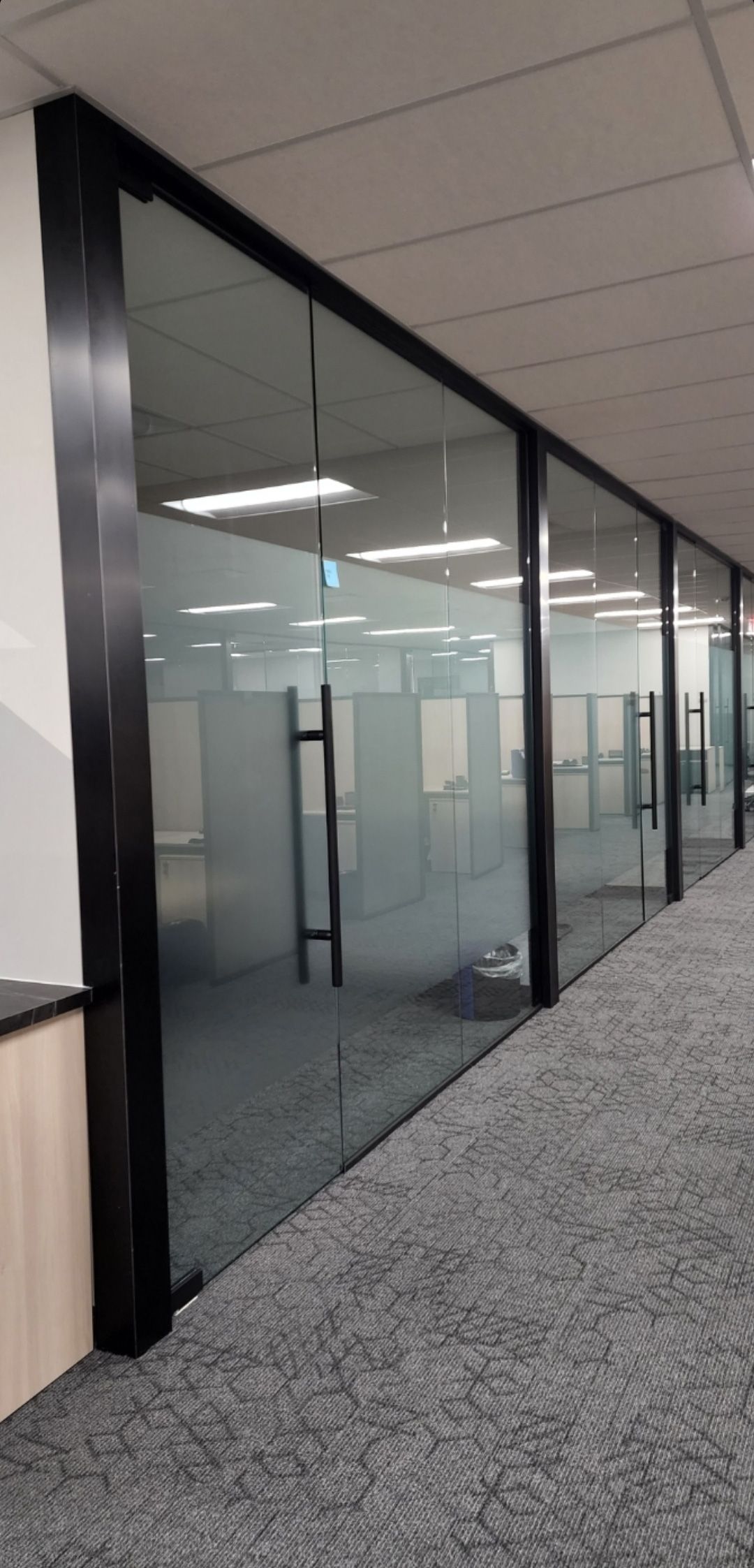 A modern office corridor features glass-walled meeting rooms with black frames and frosted glass panels on gray carpet.