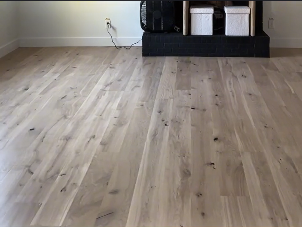 Light wood floor in a sparsely furnished room with a black media console against the wall.