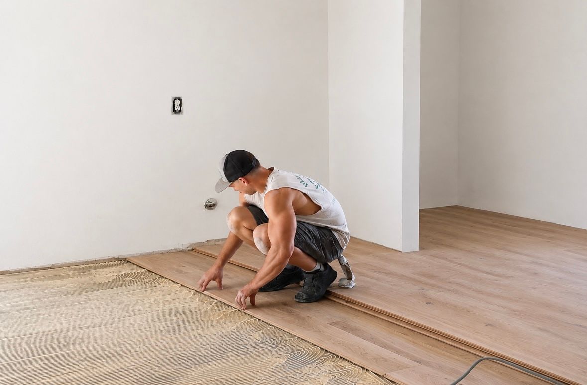 Person kneeling on a floor, aligning wooden planks in an unfinished room with bare white walls.