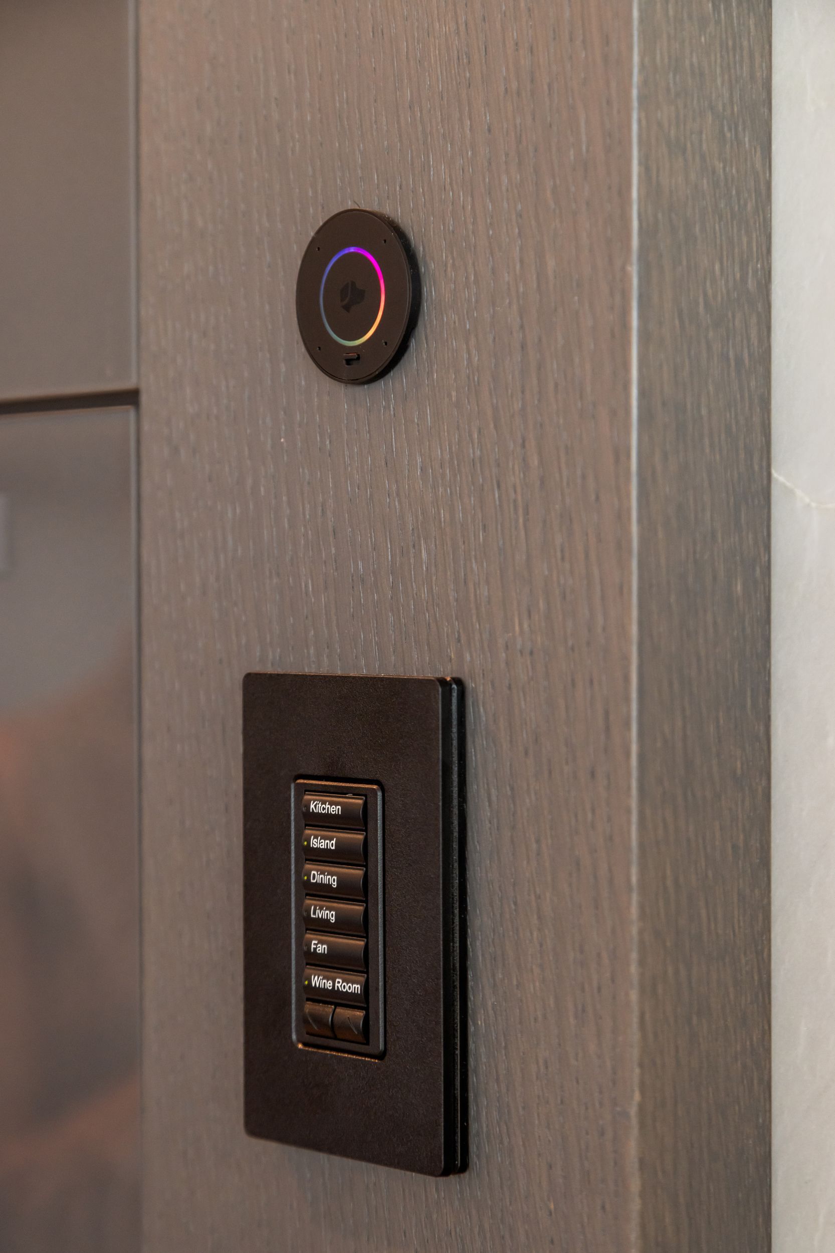 Gray wall with a round smart home button above a light switch panel.