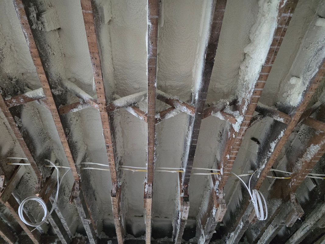 View of a ceiling with exposed wooden beams, insulation, and electrical wiring.