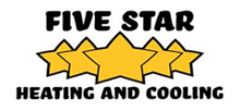 Logo for Five Star Heating and Cooling featuring five yellow stars and black text.