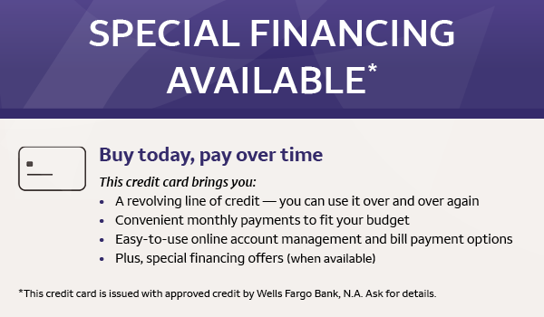 Purple financing banner with white text: “Special financing available” and “Buy today, pay over time.”