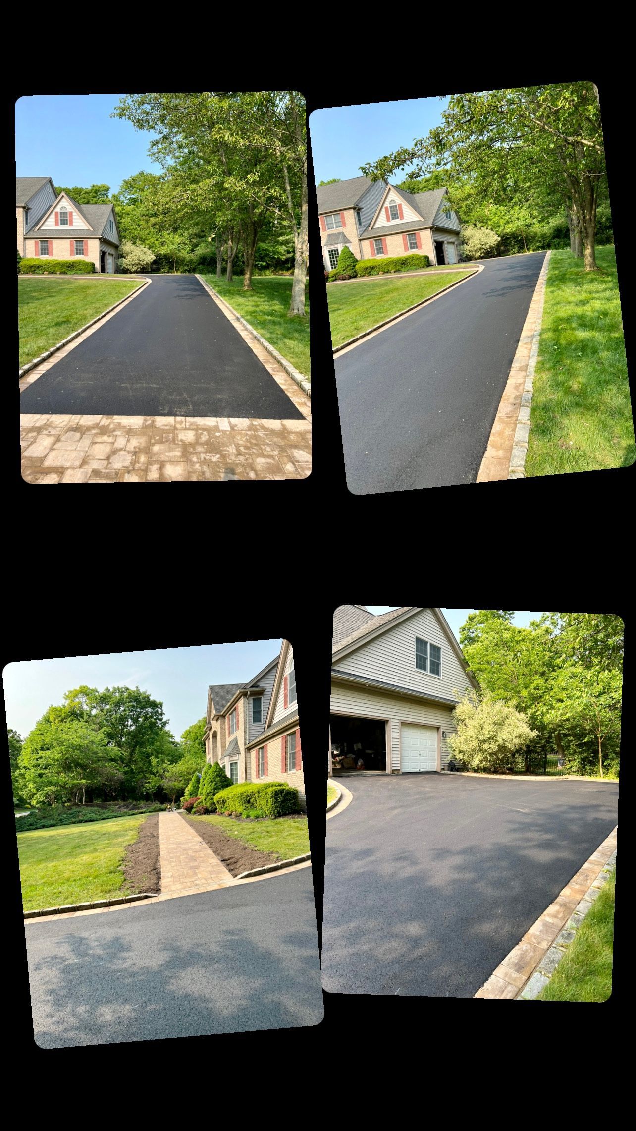 A collage of four pictures of a driveway leading to a house.