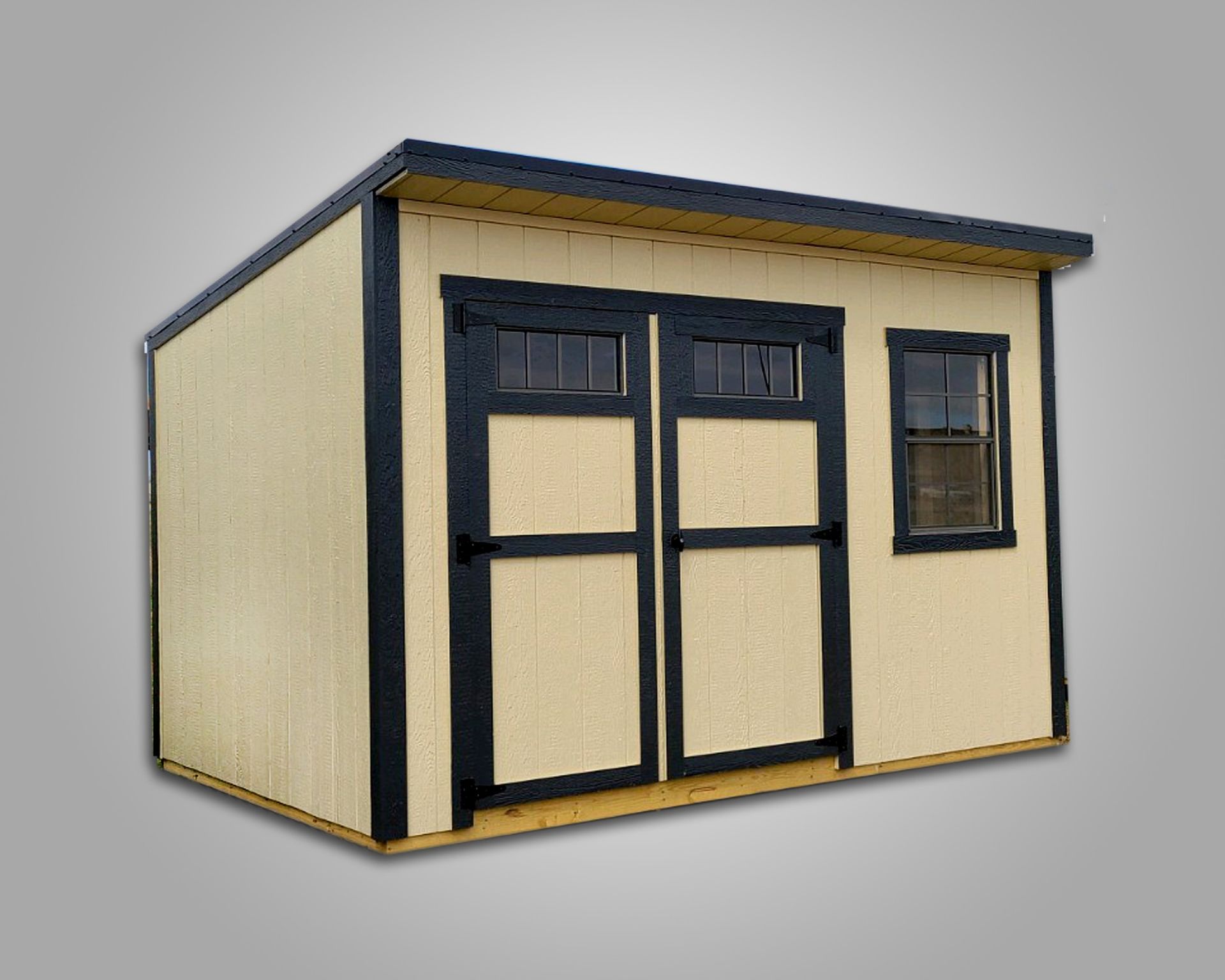 A small shed with black doors and windows on a gray background.