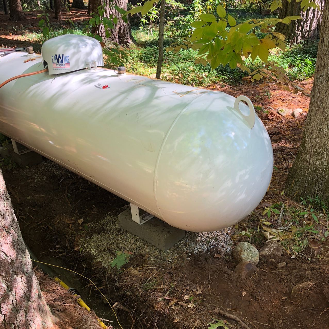 White propane tank in a wooded area, on concrete blocks.