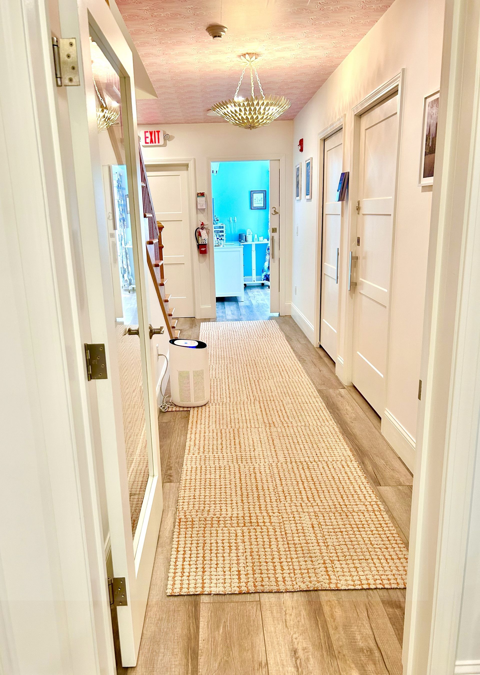 Narrow hallway with a long rug, white doors, and light blue walls at the end.