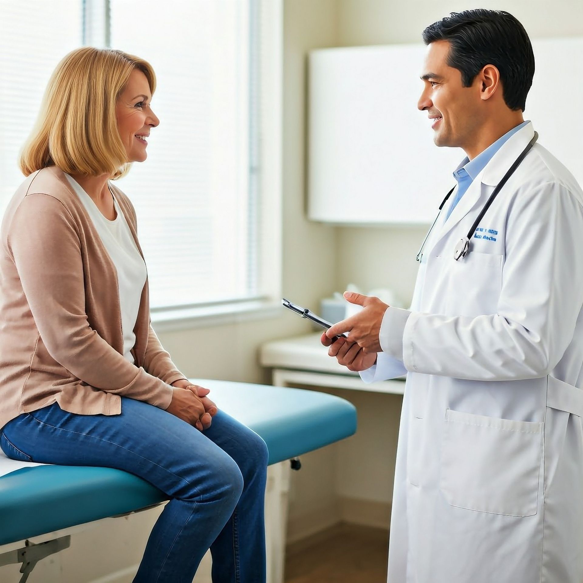 A woman is laying on a table getting a massage from a doctor.