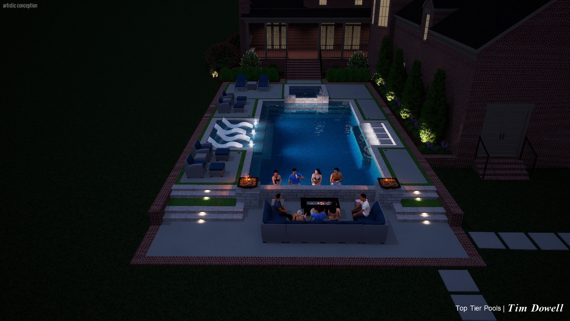 Night view of a backyard with a pool, bar, and people. Lit up house in background.
