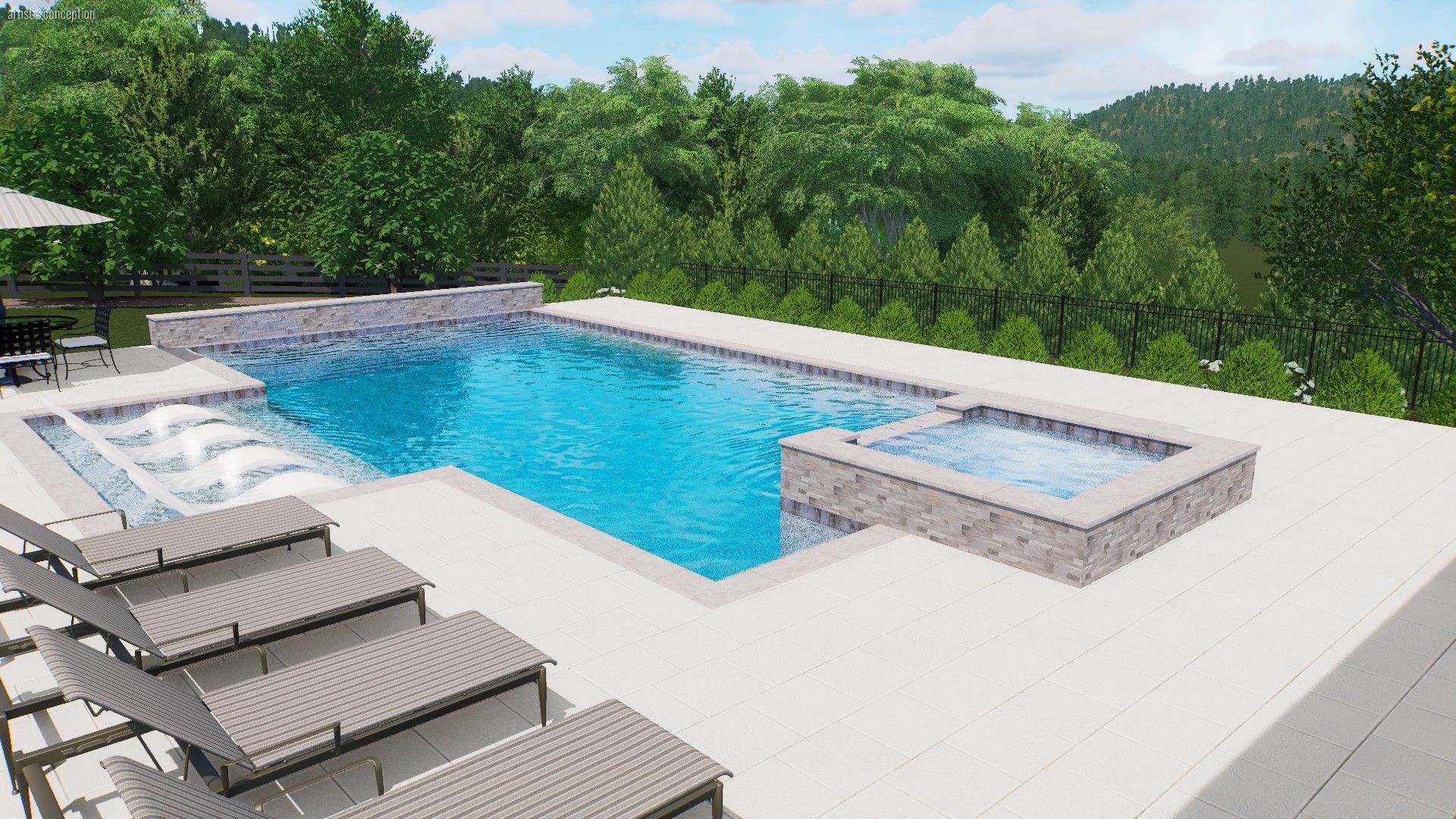 Swimming pool with a jacuzzi, surrounded by lounge chairs, greenery, and a deck.
