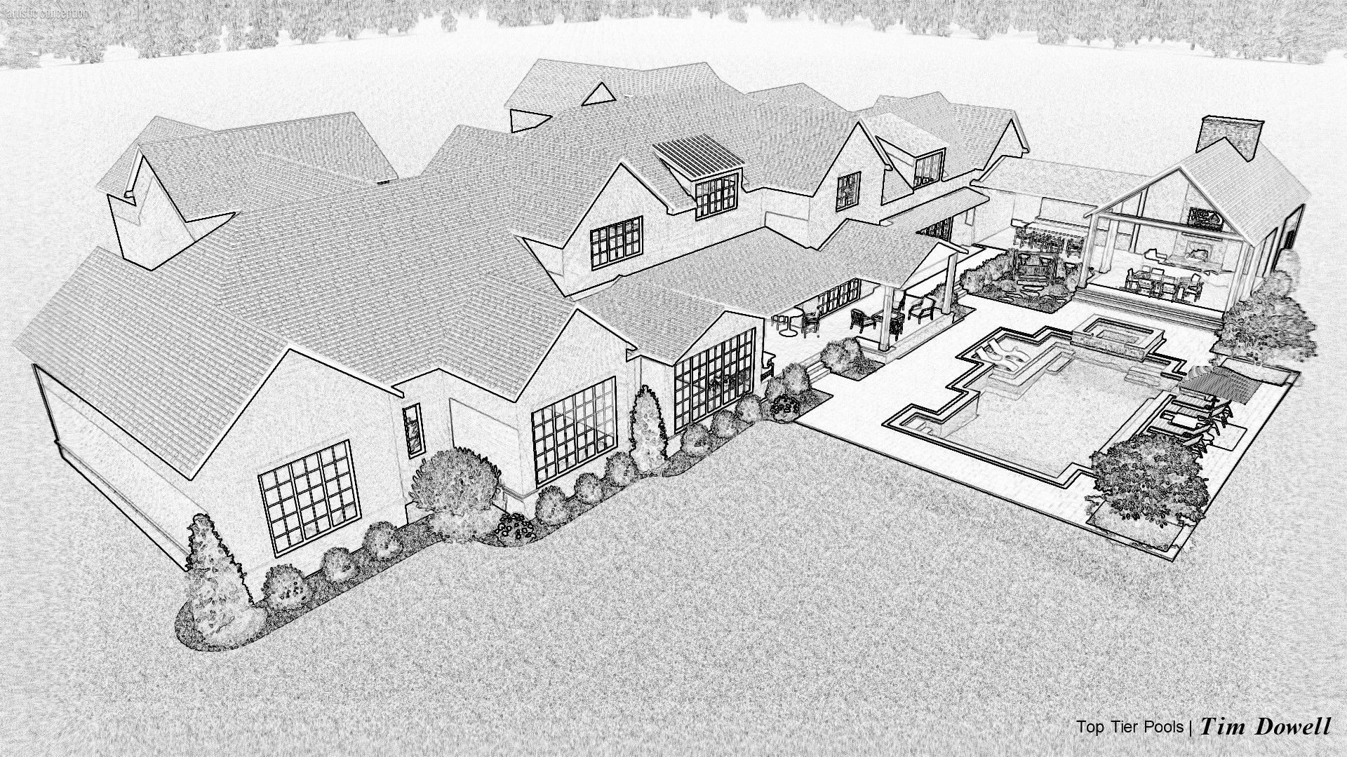Drawing of a large house with a swimming pool and landscaping.