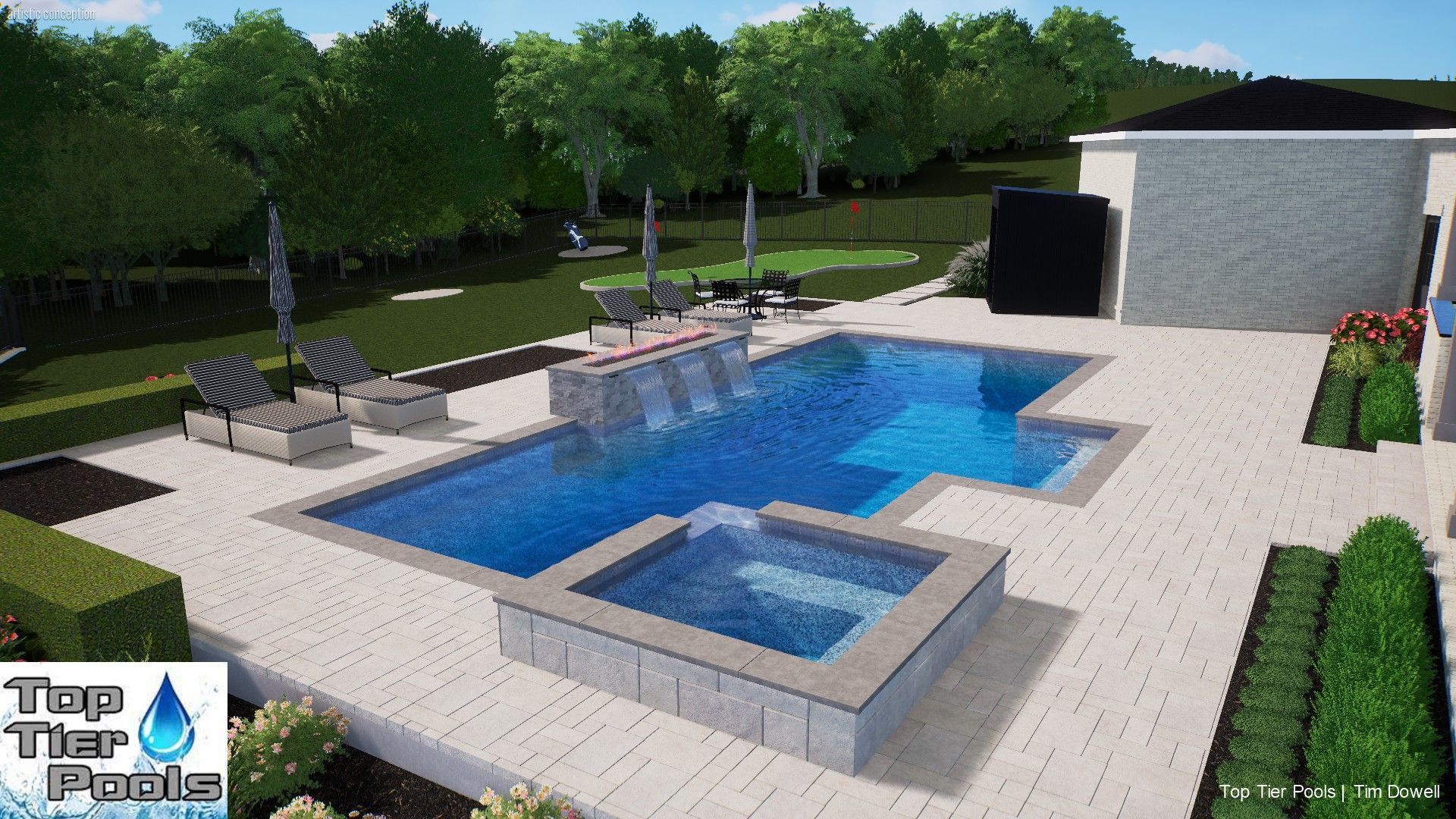 Rendering of a modern backyard pool with a waterfall, hot tub, and patio, surrounded by green landscaping.