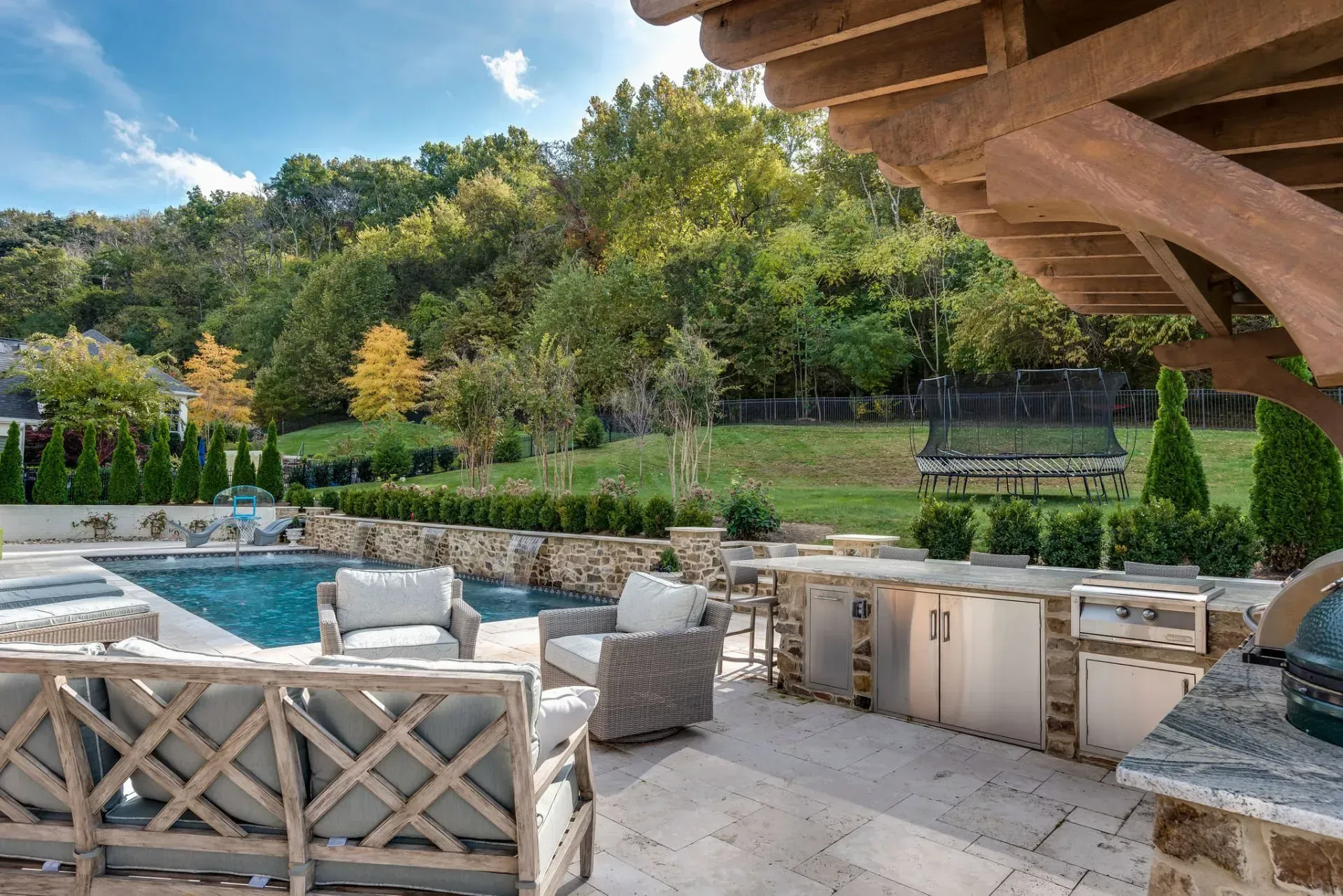Backyard patio with pool, outdoor kitchen, seating, and lush green lawn, trees, and blue sky.