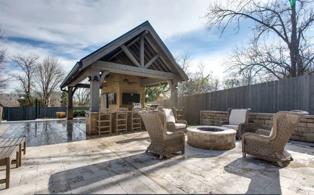 Outdoor bar and seating area with a fire pit and pool.