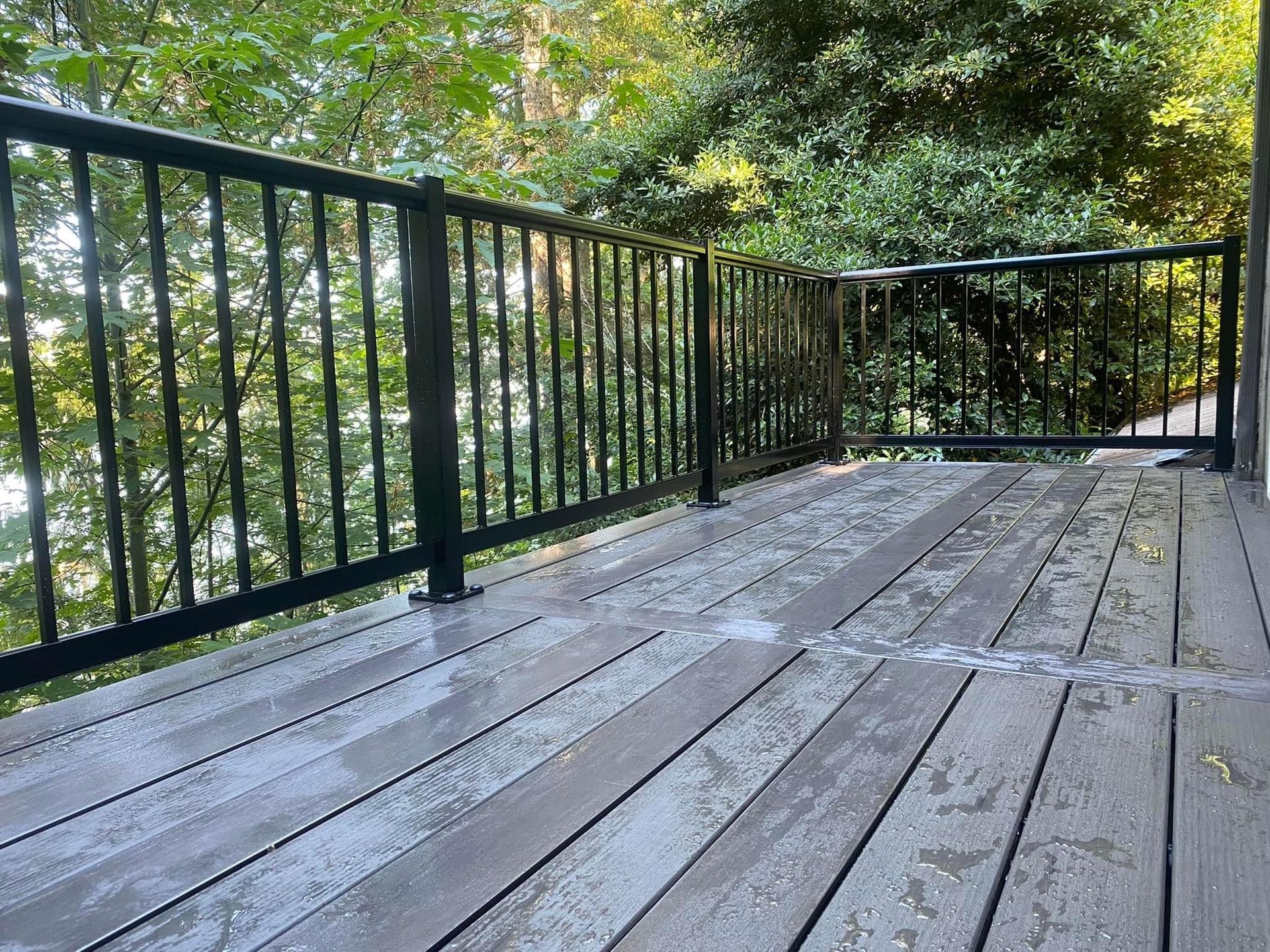 A wooden deck with a black railing and trees in the background.