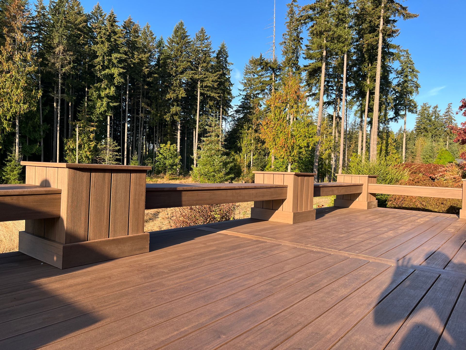 A wooden deck with a forest in the background