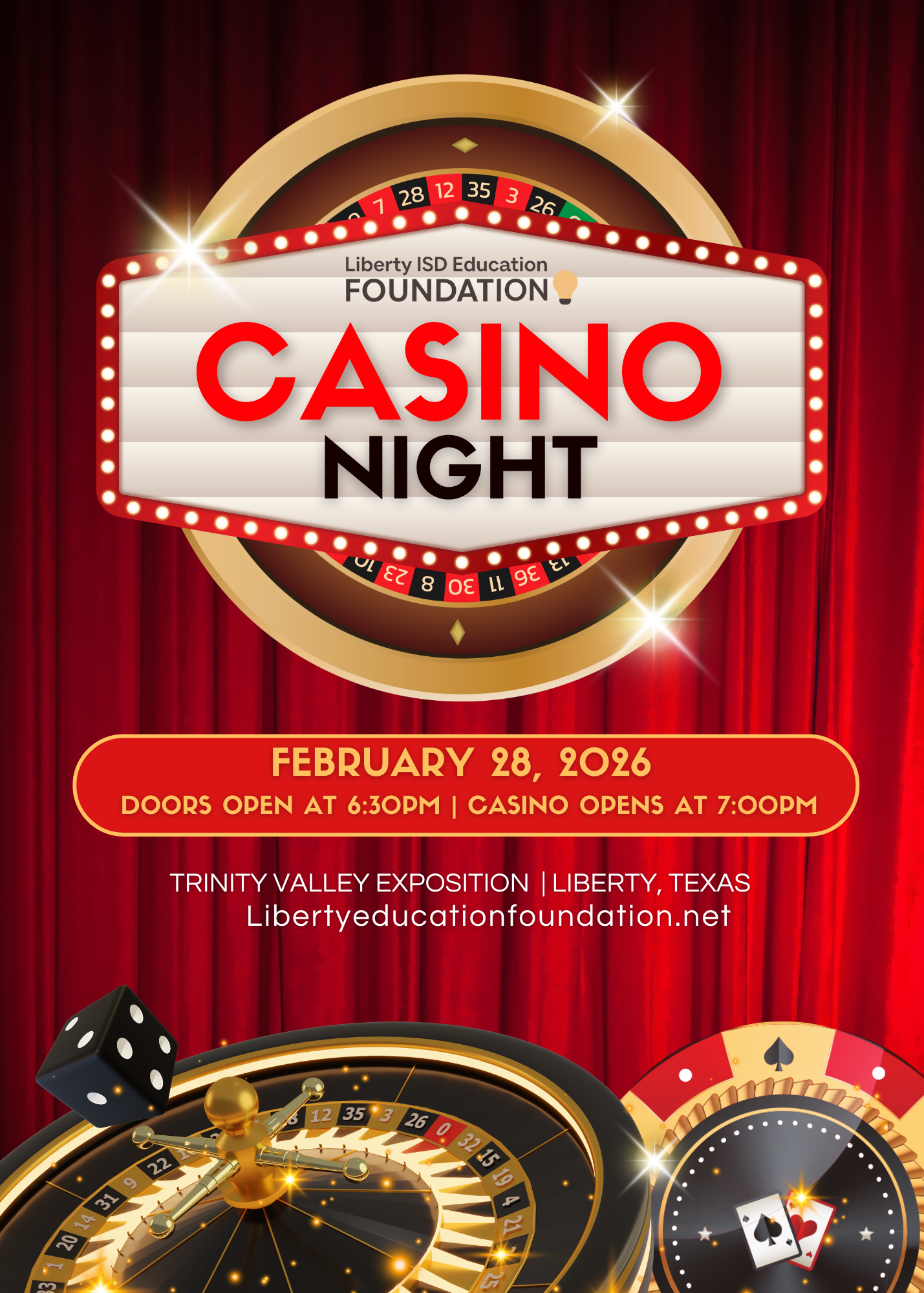 Casino Night event poster with roulette wheel, dice, and playing cards on a red curtain background.
