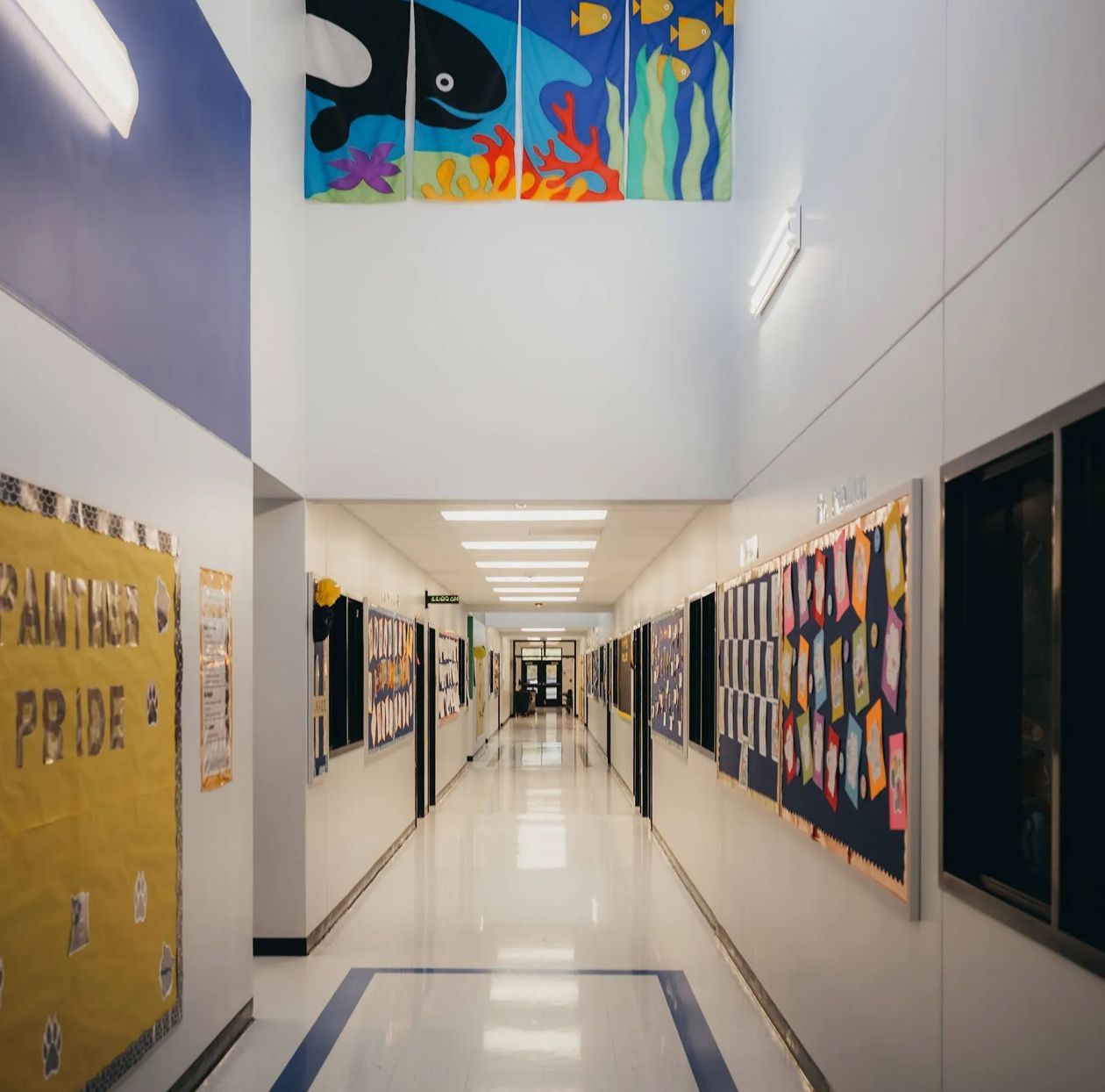 School hallway with display boards on walls, overhead fluorescent lighting, and ocean mural.