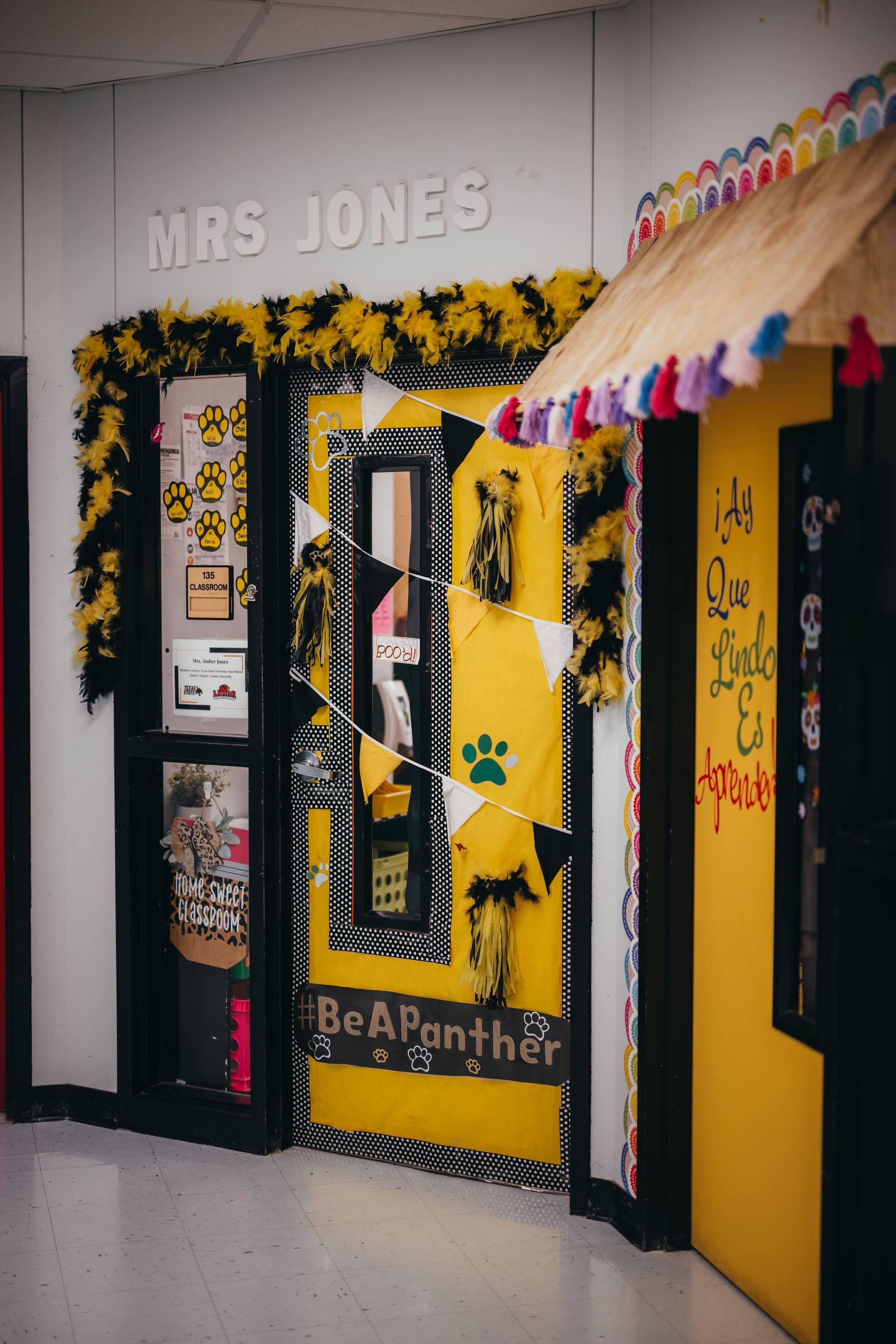 Decorated classroom door, yellow and black theme