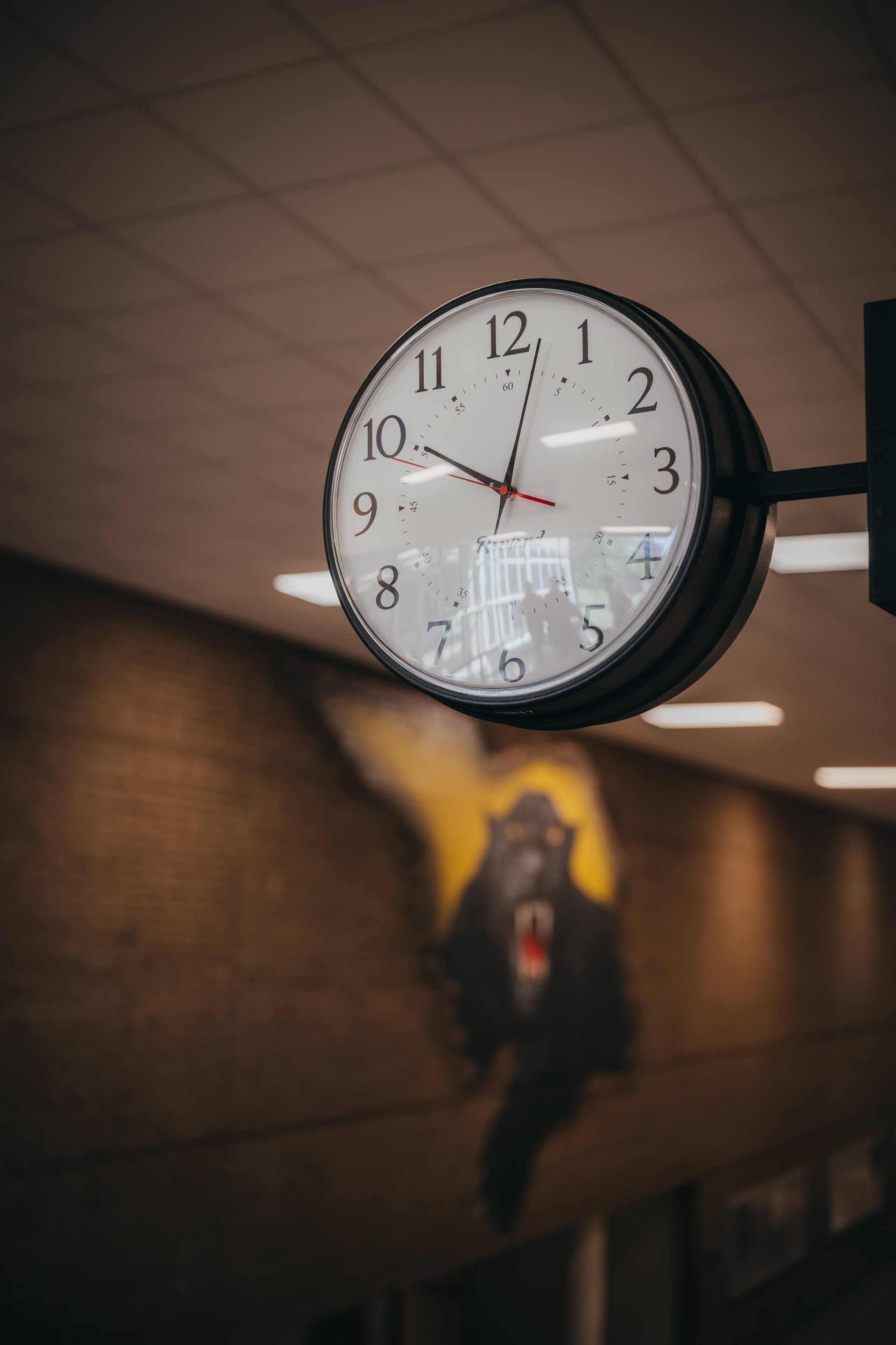 Clock with red hands, hanging in a dimly lit hallway with a gorilla mural on the wall.