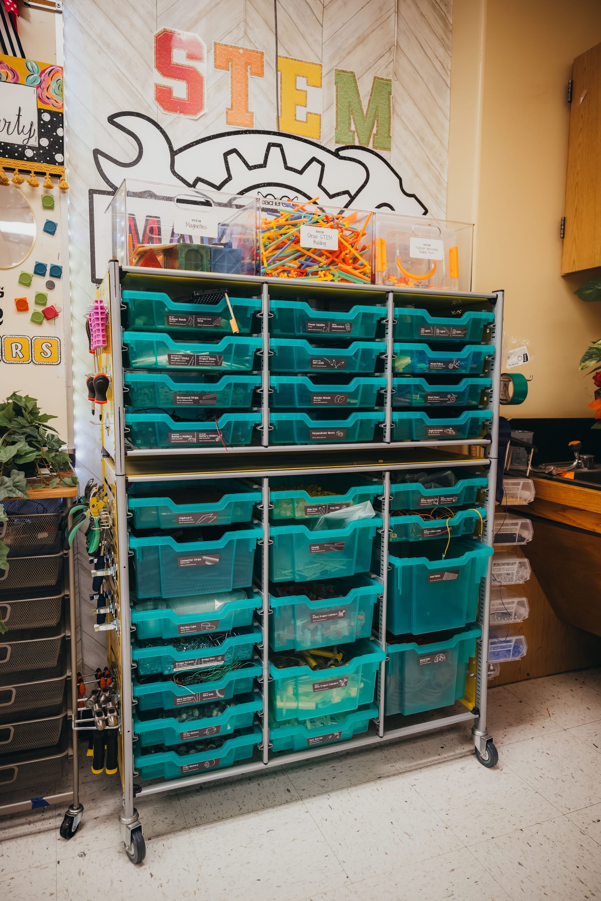 STEM classroom storage cart with teal bins
